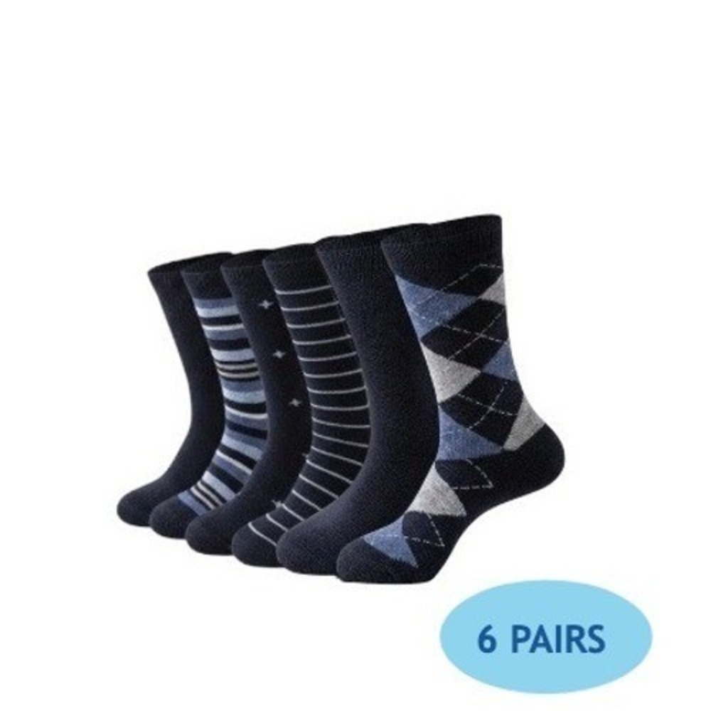 Men's Argyle Diamond Dress Socks OS Blue Cotton Blend Retro 6 Pairs NEW